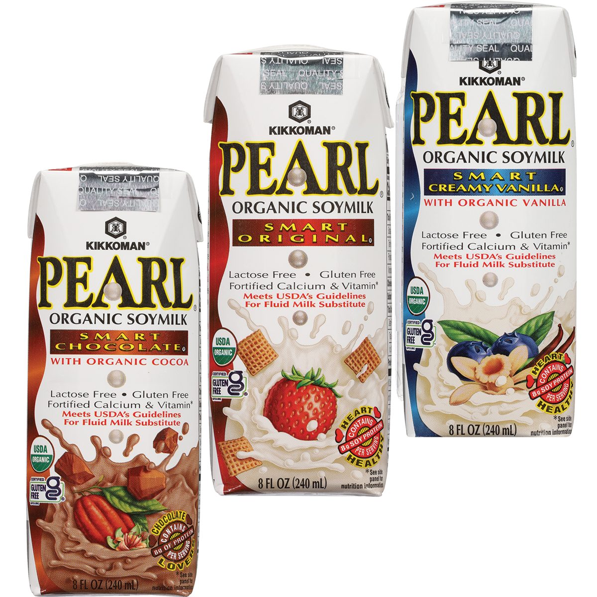 Three cartons of Kikkoman Pearl Organic Soymilk in Smart Chocolate, Smart Original, and Smart Creamy Vanilla flavors, each 8 fl oz, arranged side by side.