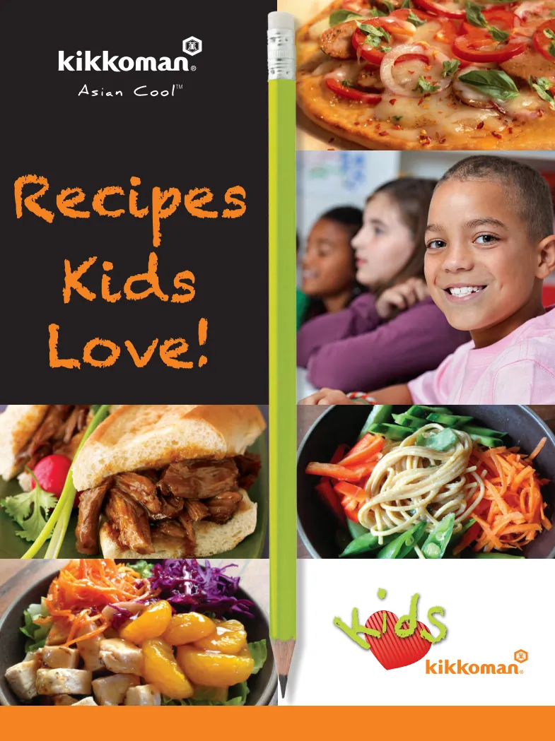 A collage of kid-friendly meals and smiling children, with text reading "Recipes Kids Love!" and Kikkoman branding.