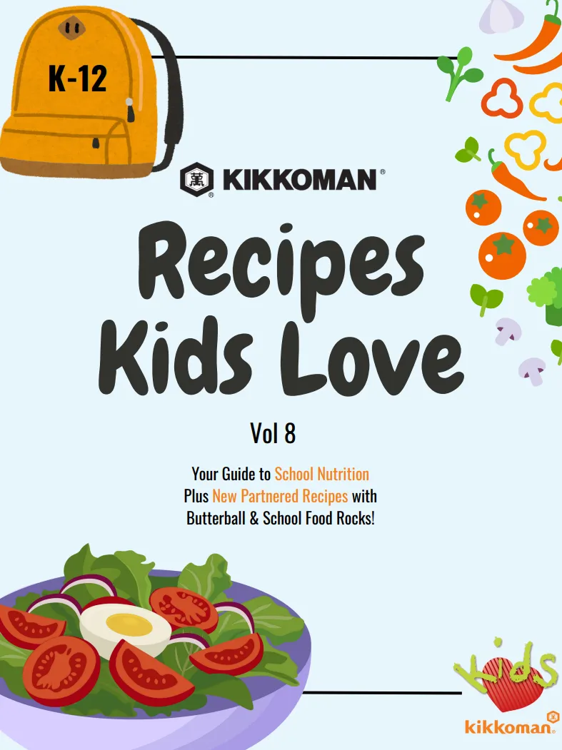 Cover of "Kikkoman Recipes Kids Love Vol 8" featuring a yellow backpack labeled K-12, illustrations of vegetables, and a salad with tomatoes, cucumbers, and an egg.