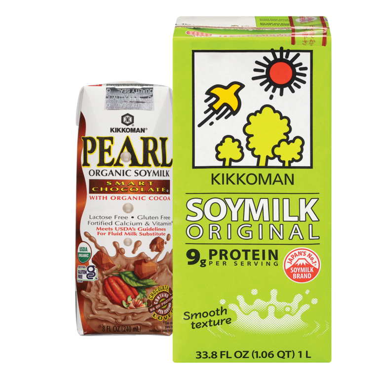 Two cartons of Kikkoman soymilk: one is Pearl Organic Soymilk Chocolate flavor, and the other is Kikkoman Soymilk Original with 9g protein per serving.