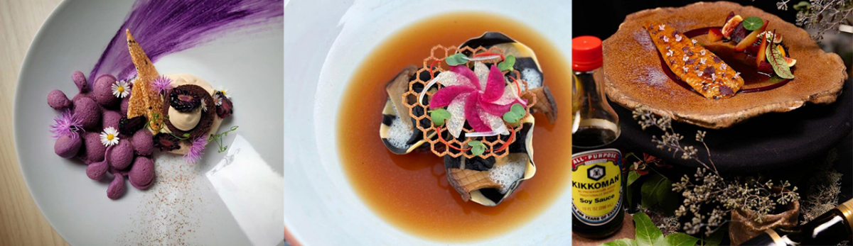 Three gourmet dishes are artistically plated: one with purple elements and flowers, another with broth and vegetables, and the third with sauce, garnish, and Kikkoman soy sauce bottle nearby.