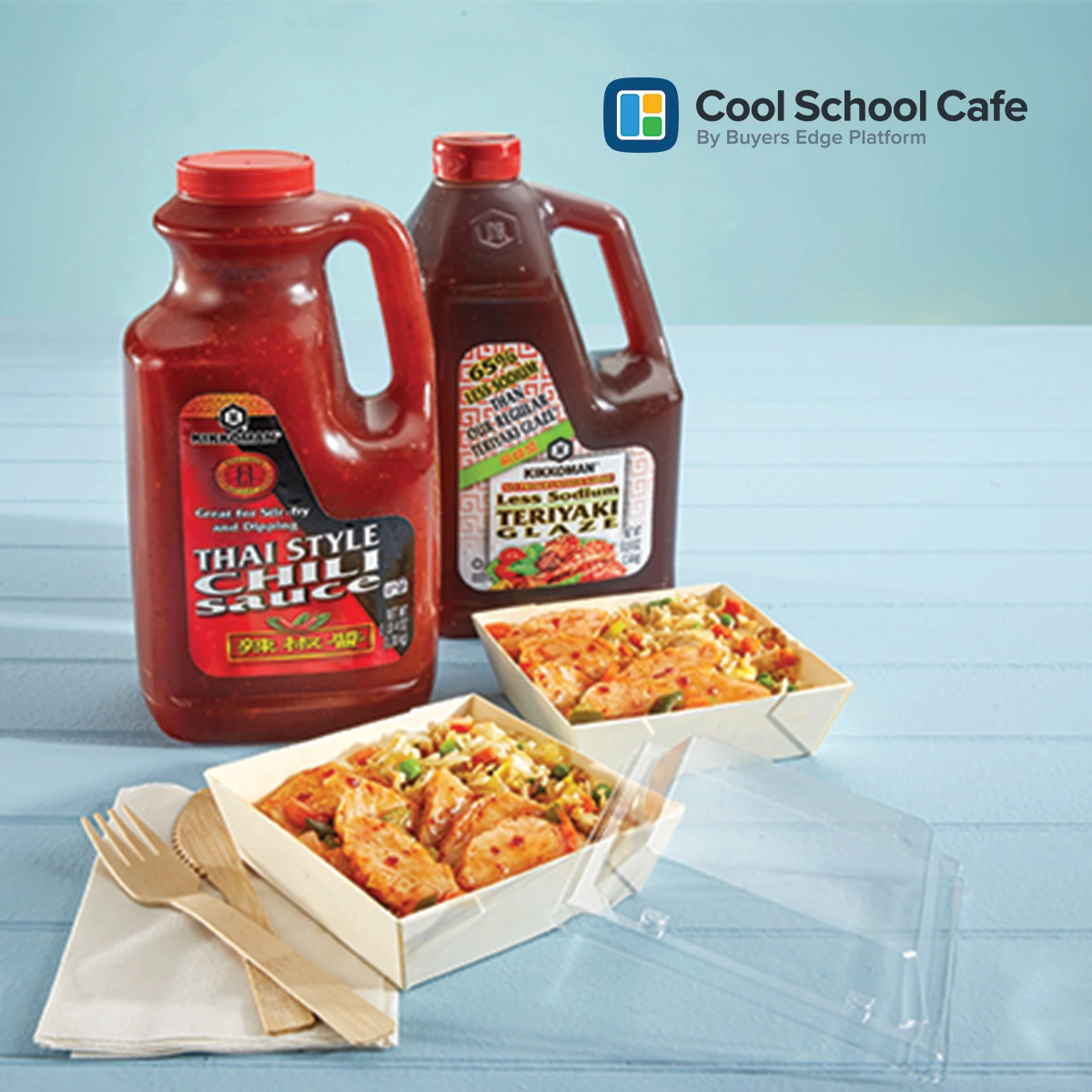Two takeout trays of chicken stir-fry with brown rice are shown next to large bottles of Thai style chili sauce and less sodium teriyaki sauce on a light blue surface.