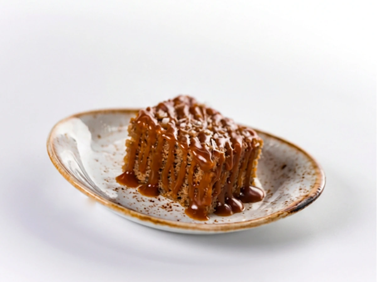 A piece of layered cake drizzled with caramel sauce sits on a ceramic plate against a plain white background.