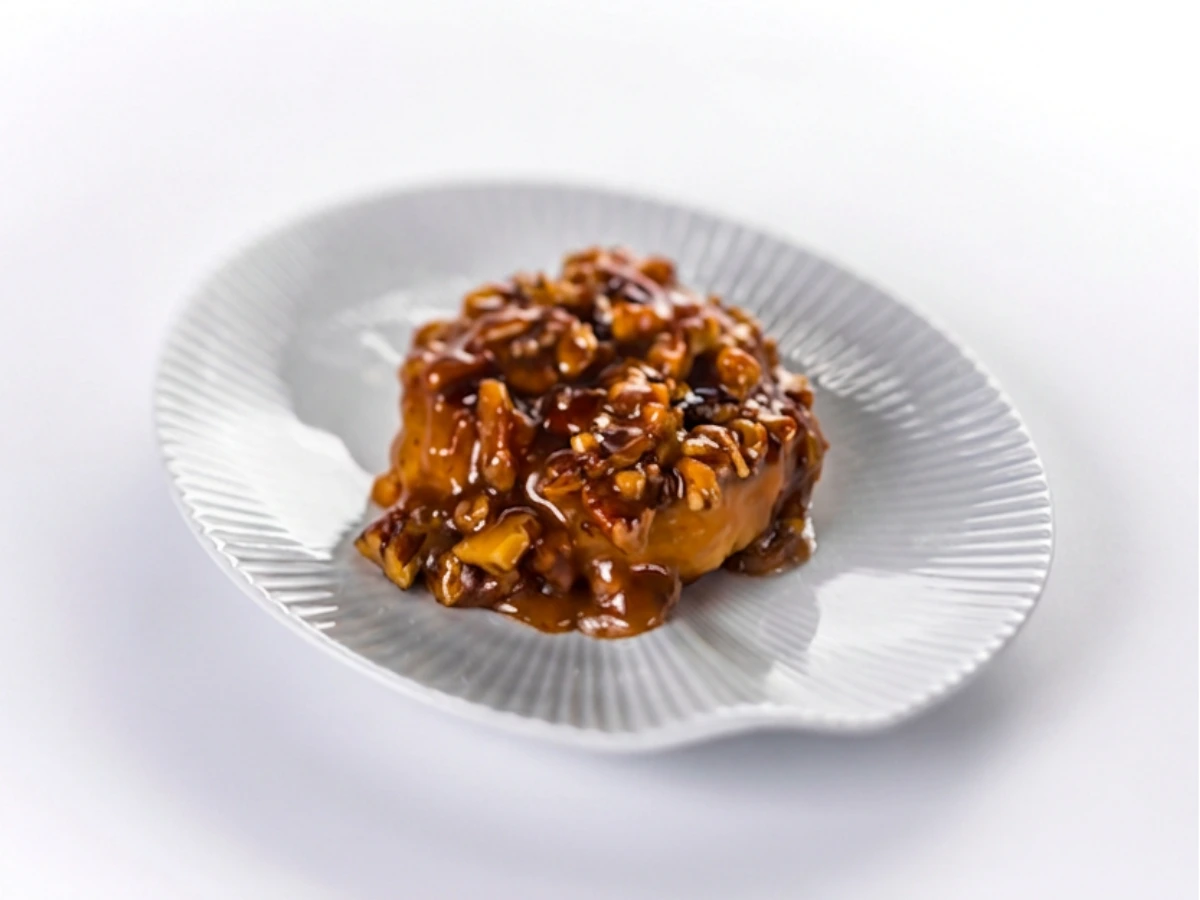 A white plate holds a round dessert topped with caramel sauce and walnuts, set on a plain white background.