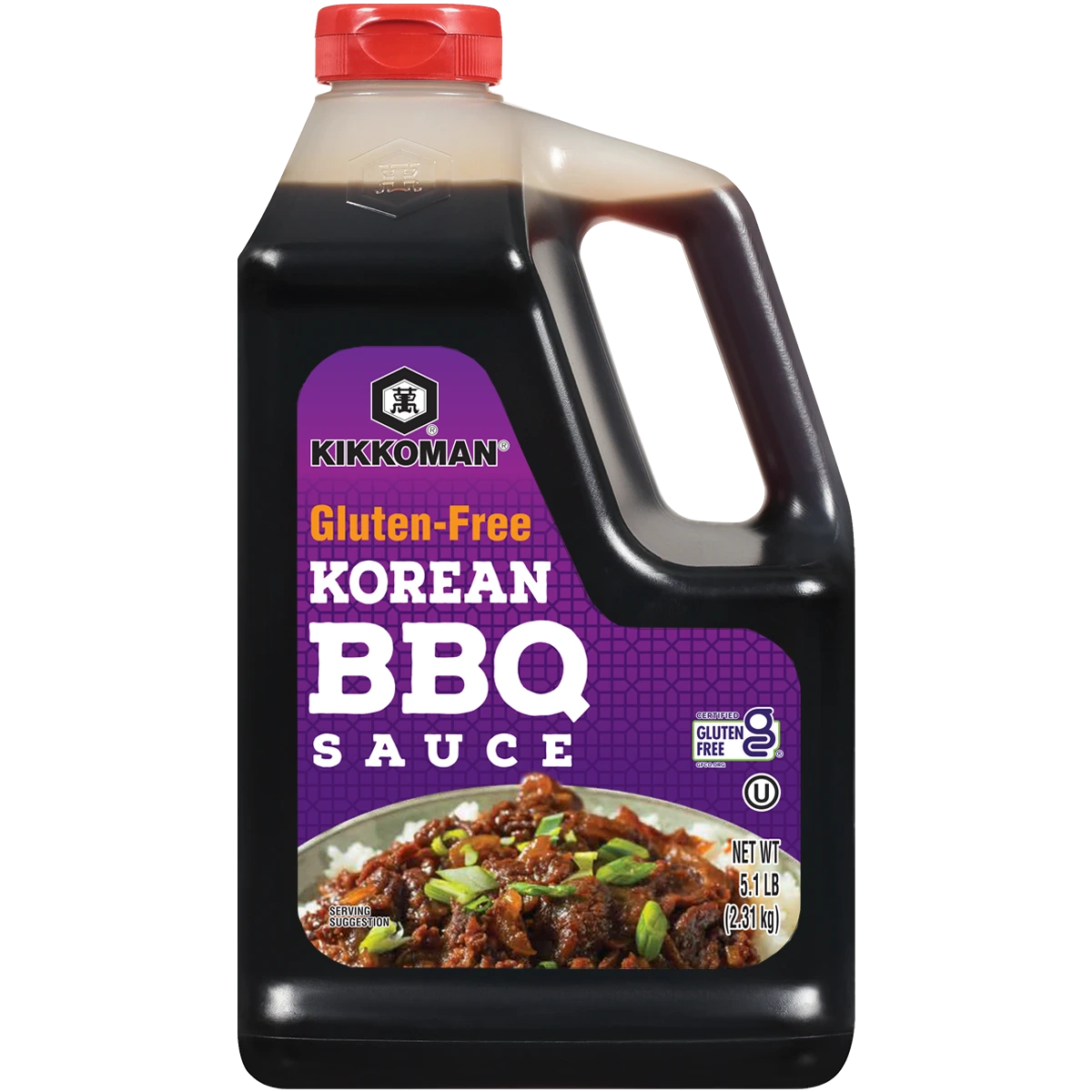 A large plastic bottle of Kikkoman Gluten-Free Korean BBQ Sauce with a red cap and a food image on the label.