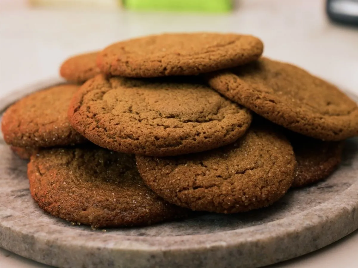 A stack of brown, round cookies is arranged on a gray marble plate.