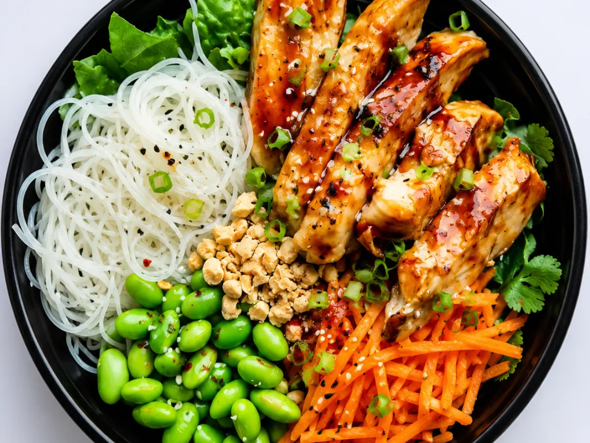 A bowl with glazed chicken strips, rice noodles, shredded carrots, edamame, chopped peanuts, green onions, lettuce, sesame seeds, and cilantro.