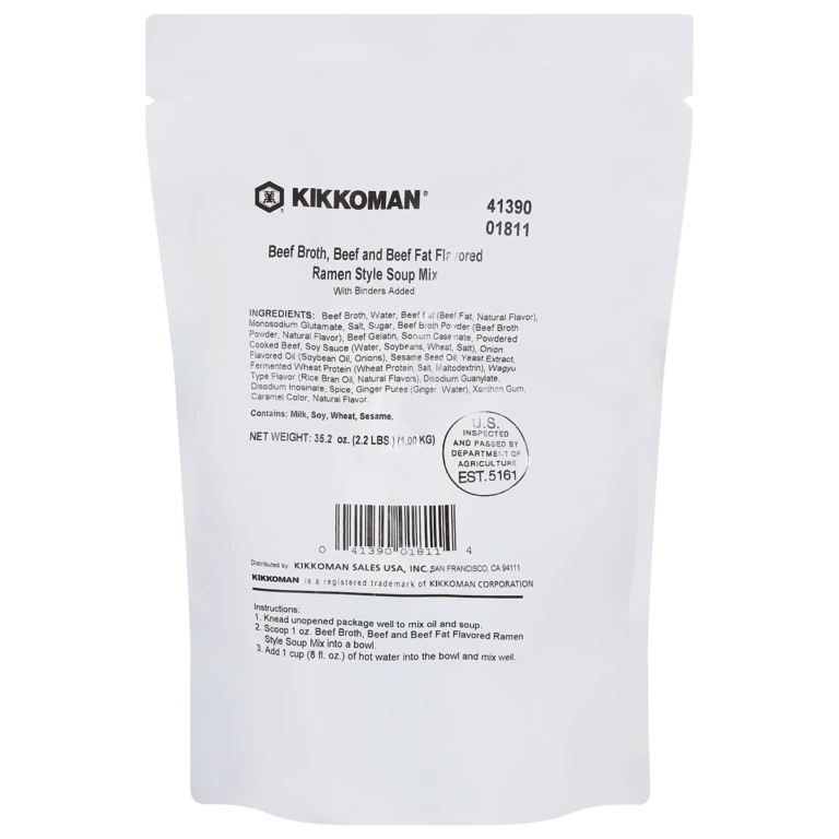 Kikkoman Beef Broth Ramen Style Soup Mix pouch with product information, ingredients, and preparation instructions printed on the label.
