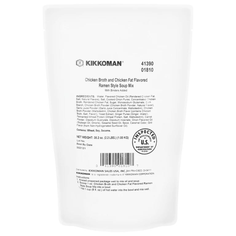Kikkoman Chicken and Chicken Fat Flavored Ramen Style Soup Mix label, displaying ingredients, nutrition information, a USDA inspection seal, a barcode, and preparation instructions.