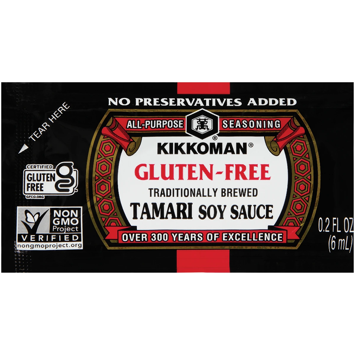 Single-serving packet of Kikkoman gluten-free tamari soy sauce.