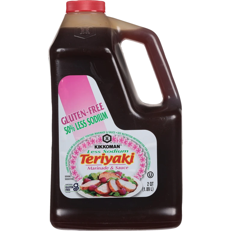 A 2-quart plastic jug of Kikkoman gluten-free, 50% less sodium teriyaki marinade and sauce.