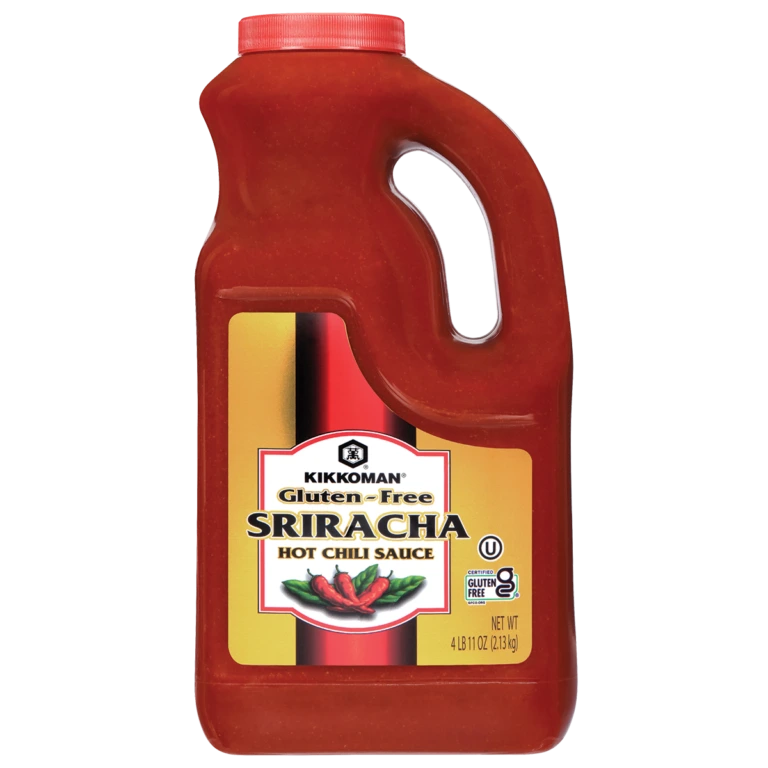 A large plastic jug of Kikkoman gluten-free sriracha hot chili sauce.