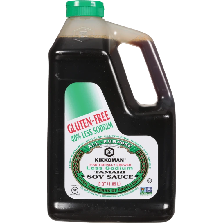 Two-quart jug of Kikkoman gluten-free, less sodium tamari soy sauce.