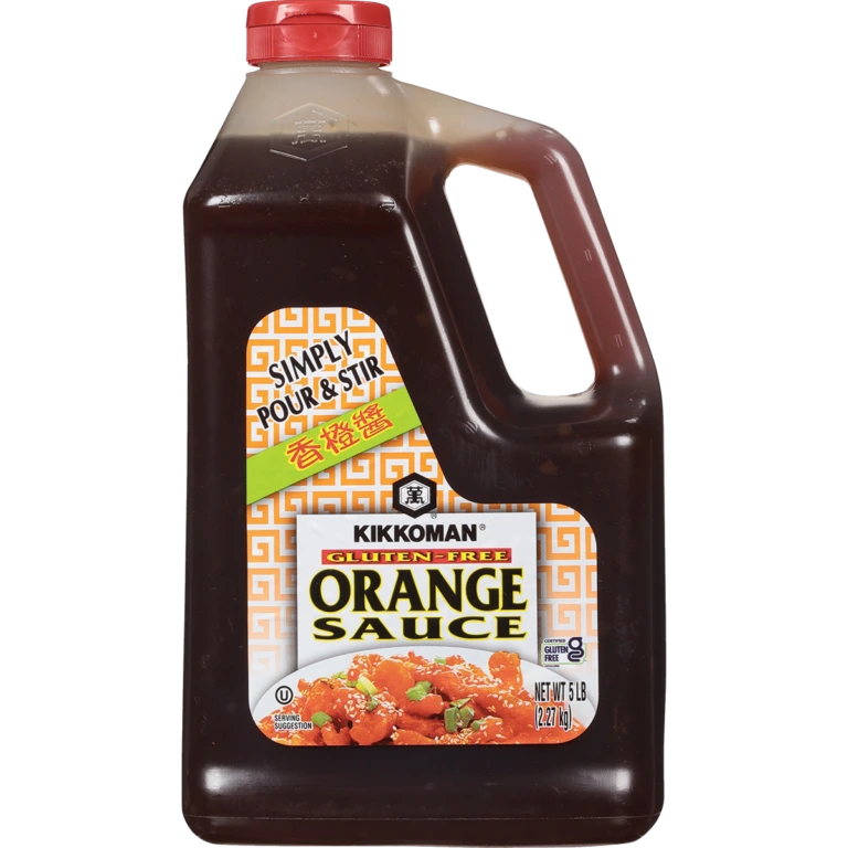 A 5-pound plastic jug of Kikkoman gluten-free orange sauce.
