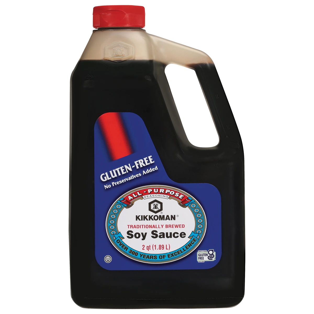A two-quart plastic jug of Kikkoman gluten-free soy sauce with a red cap.