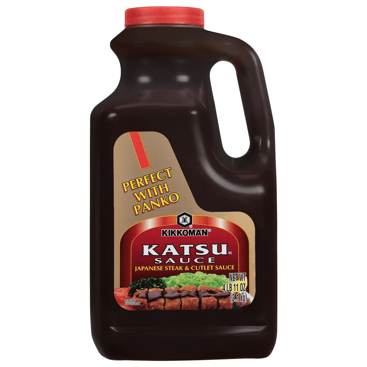 A large plastic jug of Kikkoman Katsu Sauce, Japanese steak and cutlet sauce, net weight 4 lbs 11 oz.