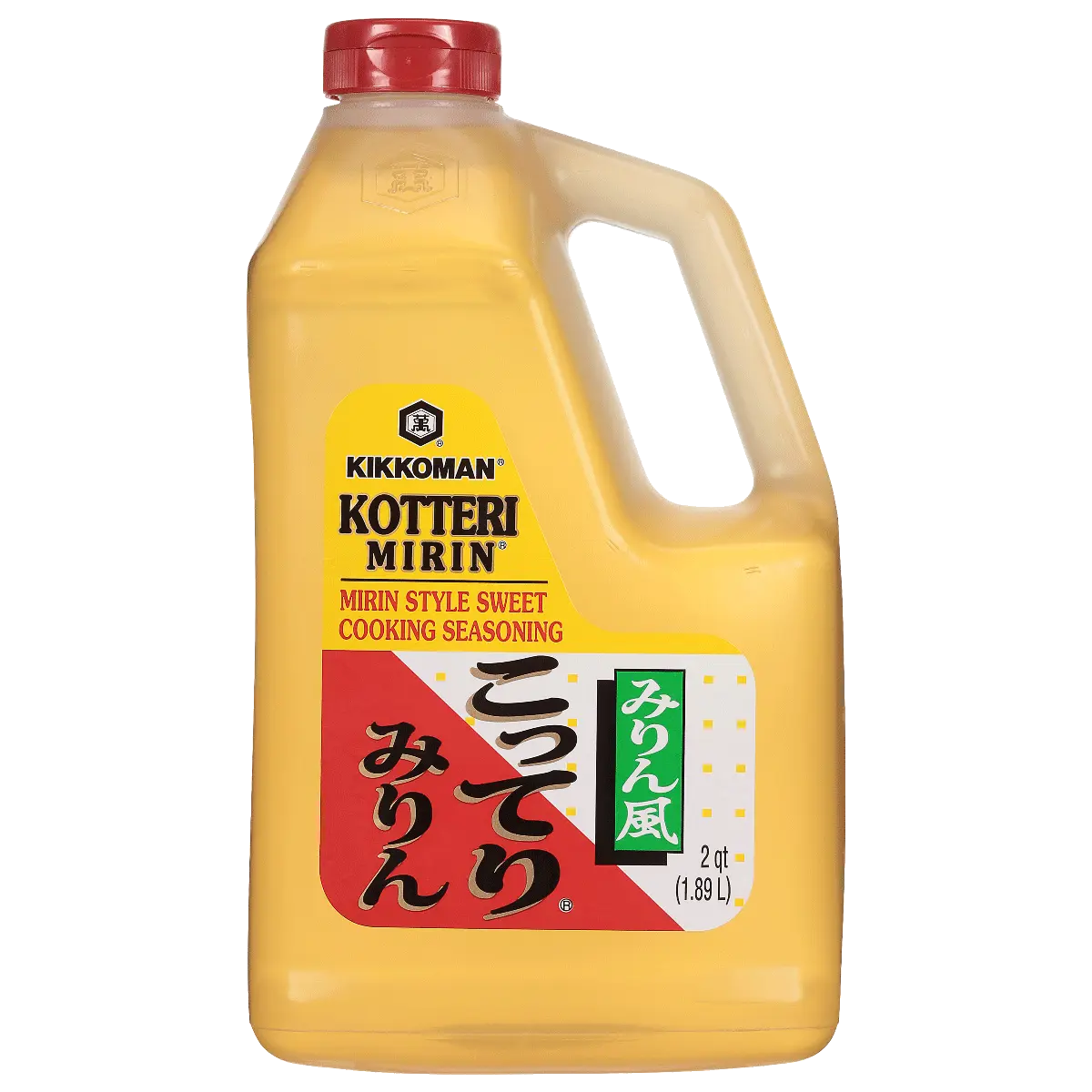 A plastic jug of Kikkoman Kotteri Mirin cooking seasoning with a red cap.