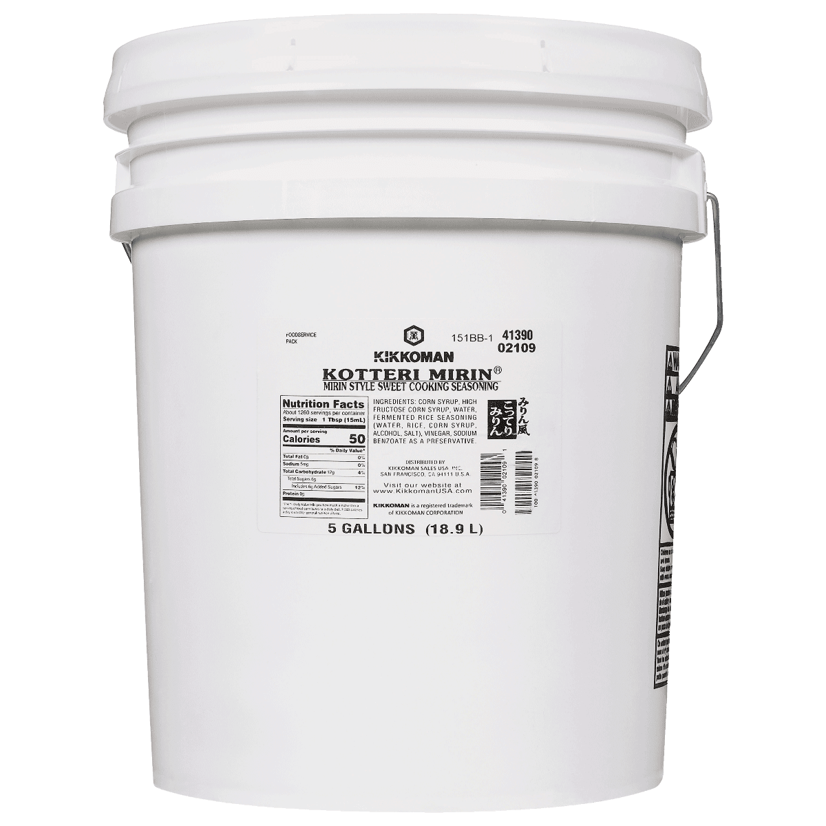 Five-gallon bucket of Kikkoman Kotteri Mirin cooking seasoning.