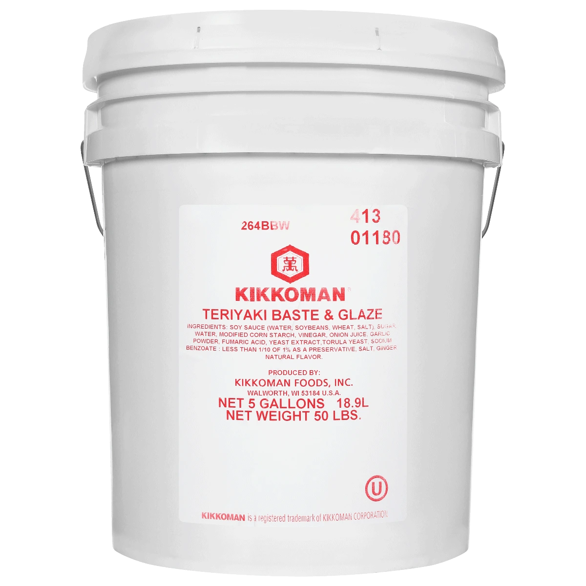 Five-gallon plastic bucket of Kikkoman Teriyaki Baste & Glaze.