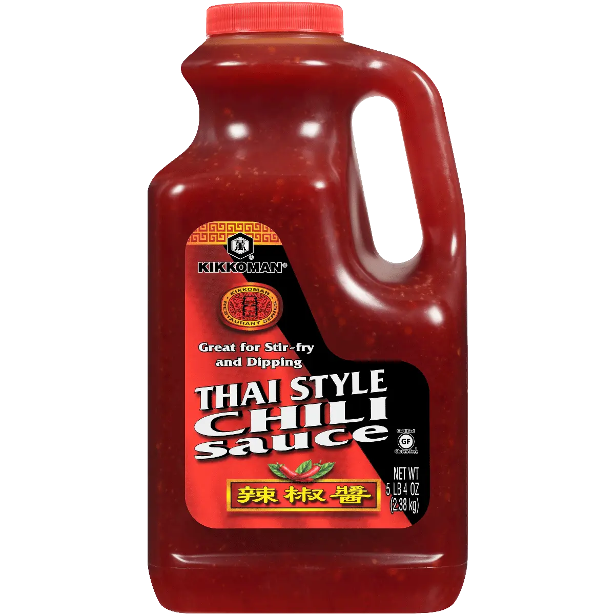 A 5-pound 4-ounce plastic jug of Kikkoman Thai Style Chili Sauce.