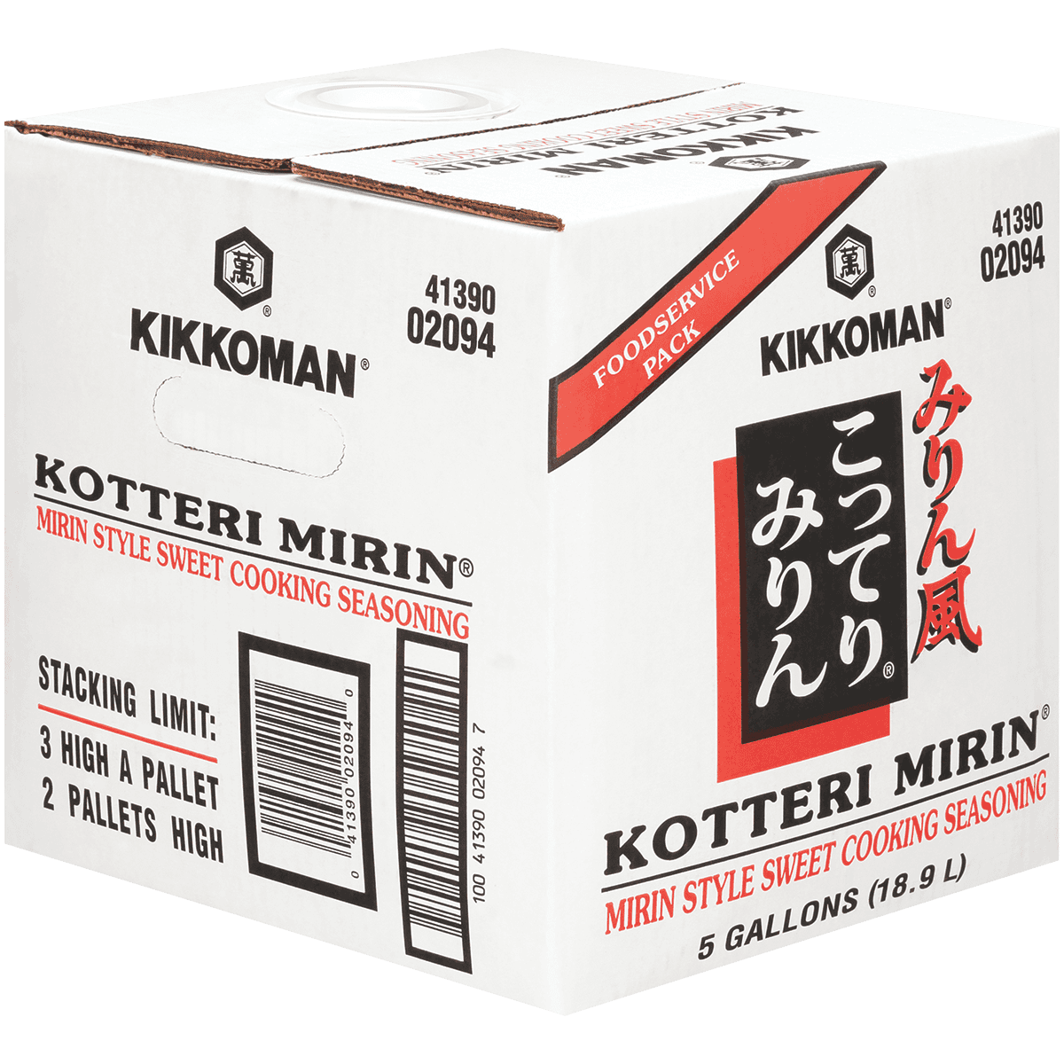 A five-gallon box of Kikkoman Kotteri Mirin sweet cooking seasoning, labeled as a foodservice pack.
