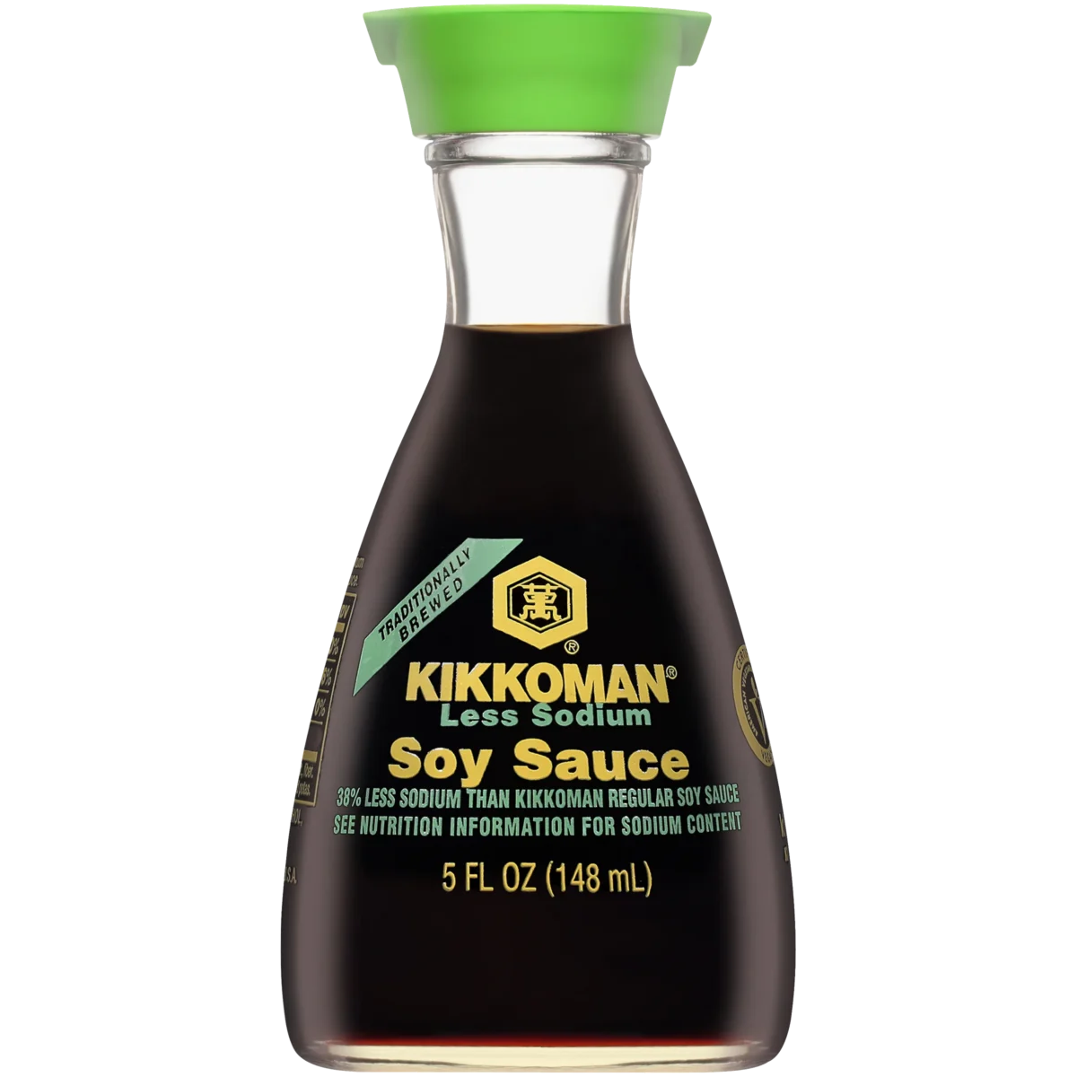 Bottle of Kikkoman Less Sodium Soy Sauce with a green cap.