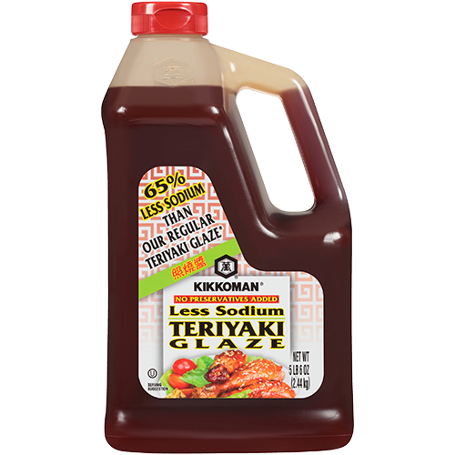 A large plastic jug of Kikkoman Less Sodium Teriyaki Glaze.