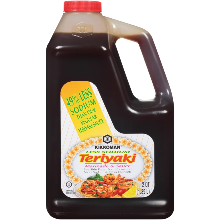 Two-quart plastic jug of Kikkoman Less Sodium Teriyaki Marinade & Sauce.