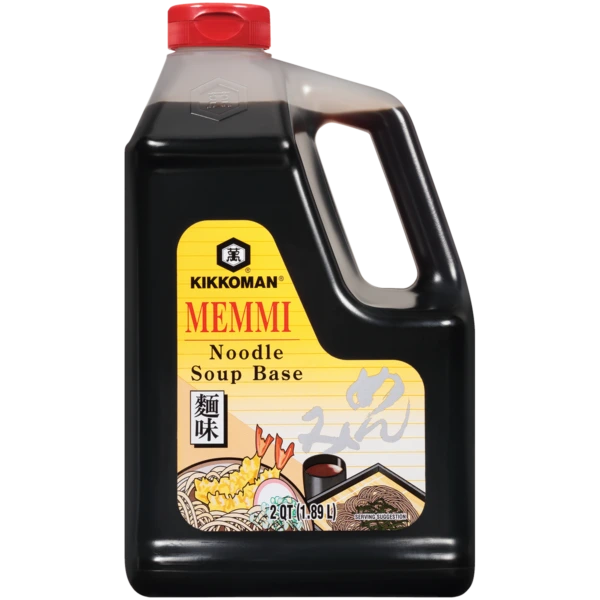 A two-quart plastic jug of Kikkoman Memmi noodle soup base.