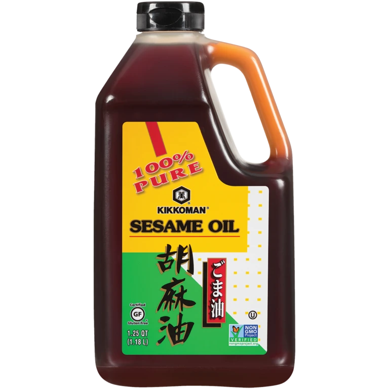 A large plastic jug of Kikkoman pure sesame oil.
