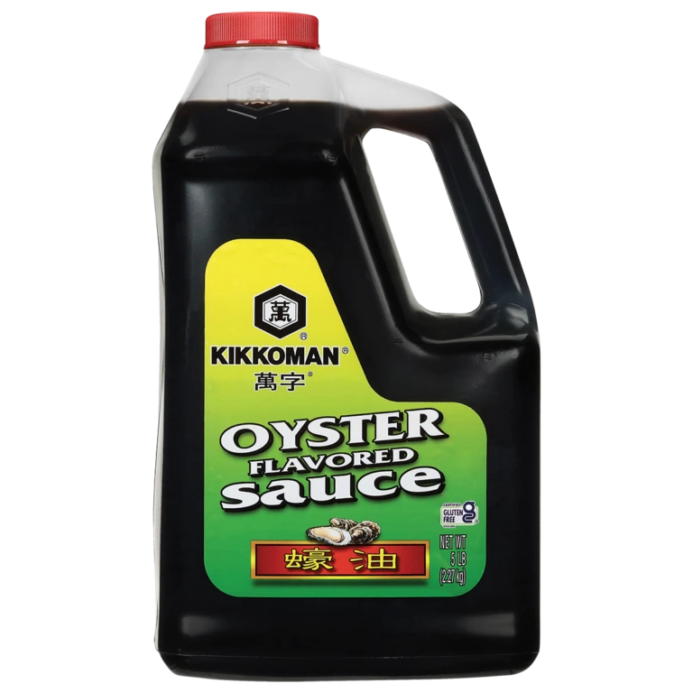 A 5-pound plastic jug of Kikkoman Oyster Flavored Sauce with a red cap.