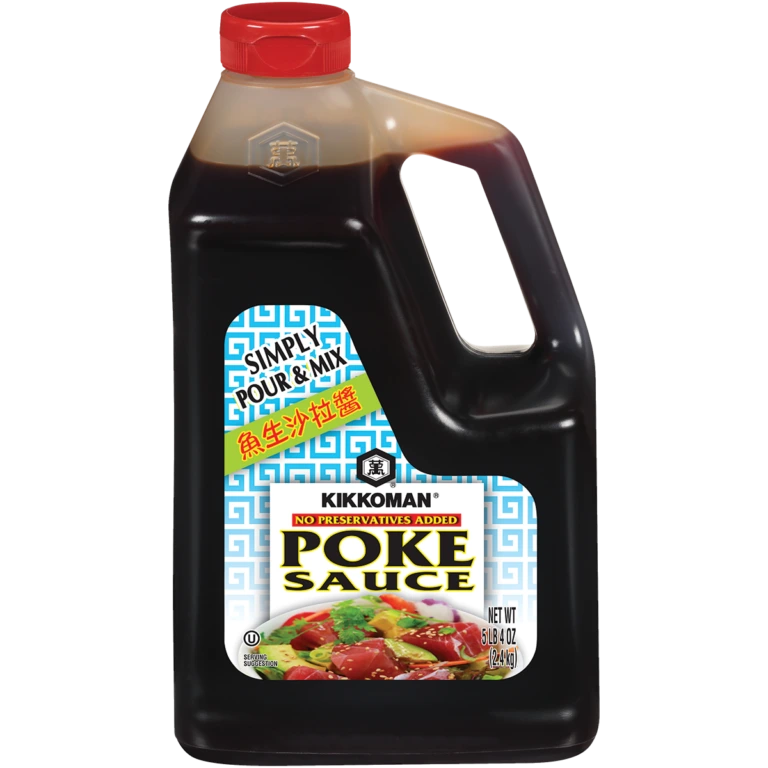 A large plastic bottle of Kikkoman Poke Sauce with a red cap and a label stating "No Preservatives Added" and "Simply Pour & Mix.