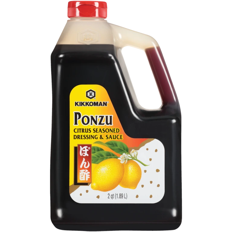 Large jug of Kikkoman Ponzu citrus seasoned dressing and sauce.
