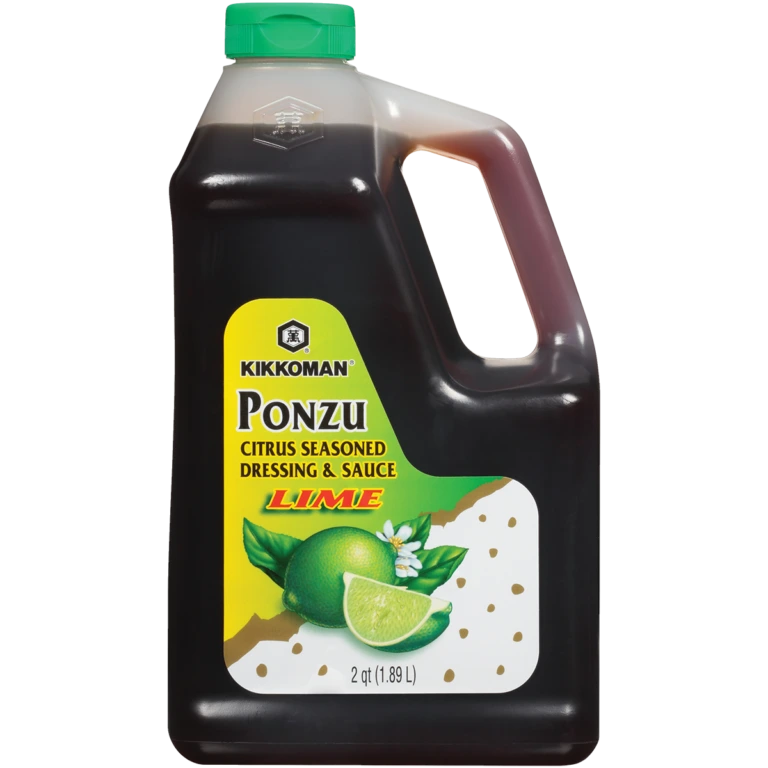 Two-quart bottle of Kikkoman Ponzu citrus seasoned dressing and sauce with lime.