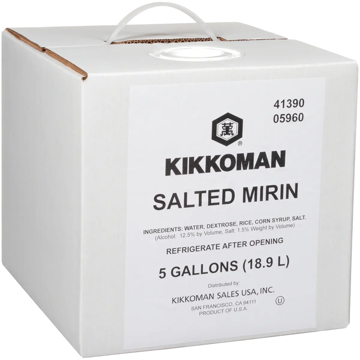 Five-gallon box of Kikkoman Salted Mirin with a white plastic carrying handle.