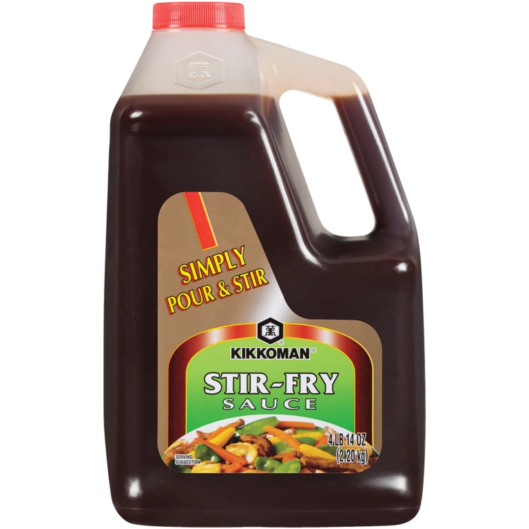 A large plastic jug of Kikkoman stir-fry sauce.