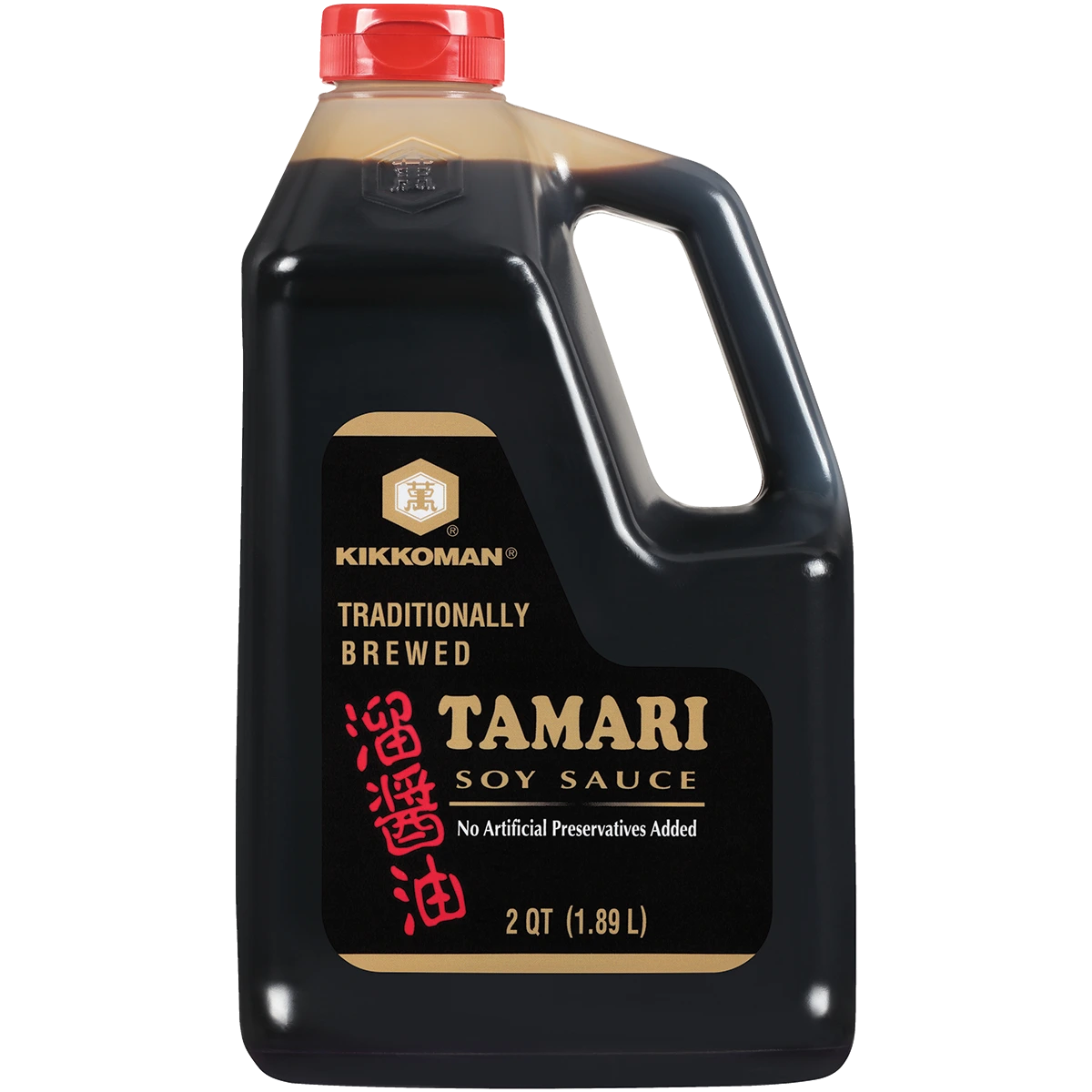 A two-quart plastic jug of Kikkoman traditionally brewed tamari soy sauce.