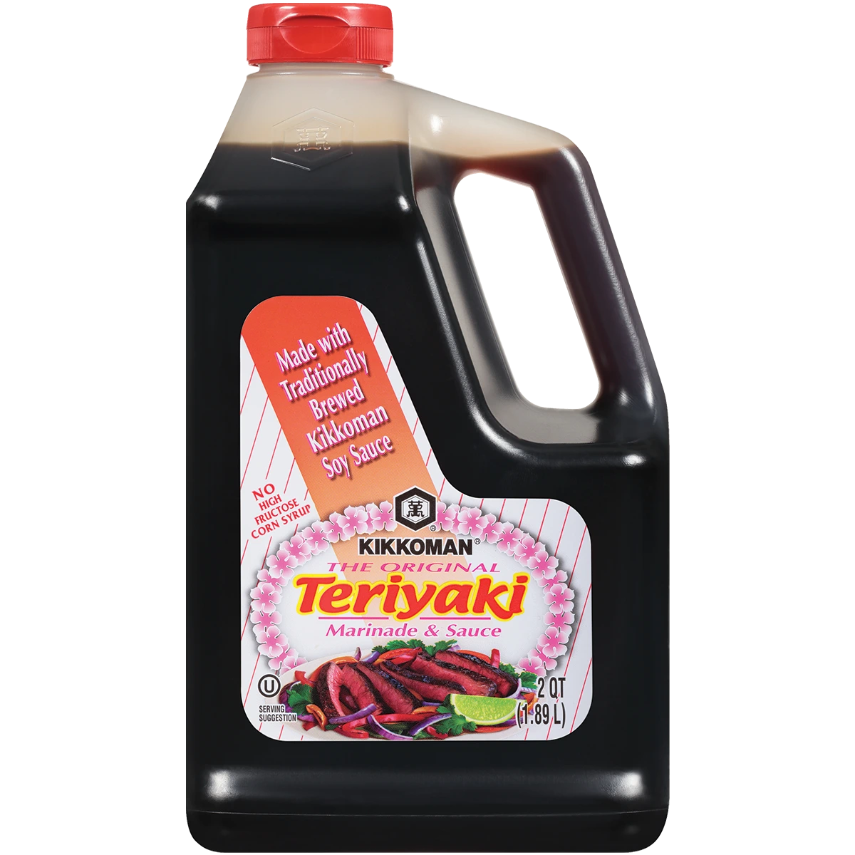 Two-quart plastic jug of Kikkoman Teriyaki Marinade & Sauce with a red cap.