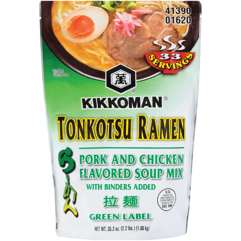 Kikkoman Tonkotsu Ramen soup mix pouch, featuring an image of prepared ramen with egg and pork.