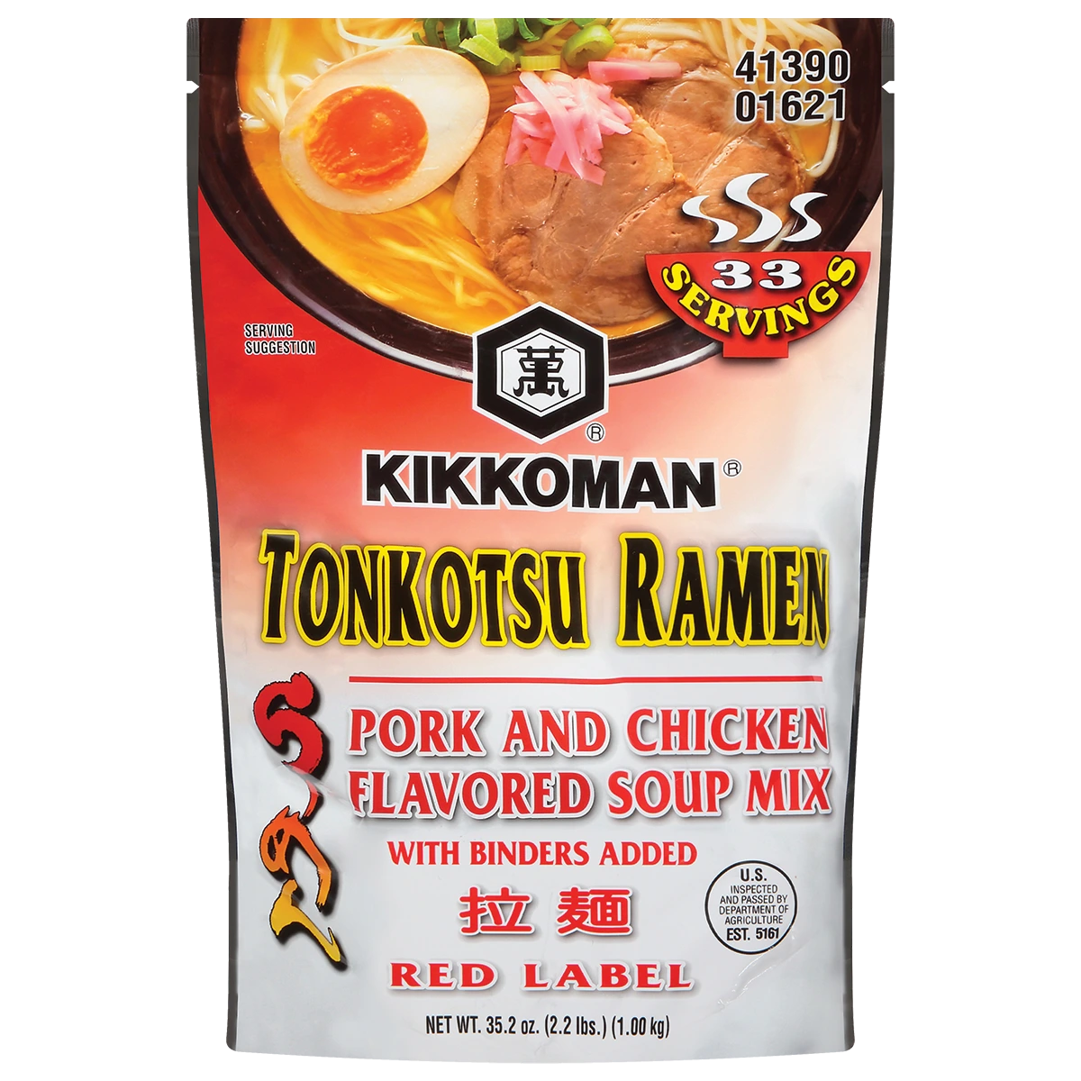 A pouch of Kikkoman Tonkotsu Ramen Pork and Chicken Flavored Soup Mix, red label, 35.2 oz, featuring serving size, product name, and description on the front.