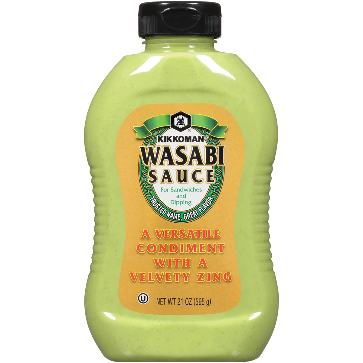 A 21 oz bottle of Kikkoman Wasabi Sauce labeled as "A versatile condiment with a velvety zing," intended for sandwiches and dipping.