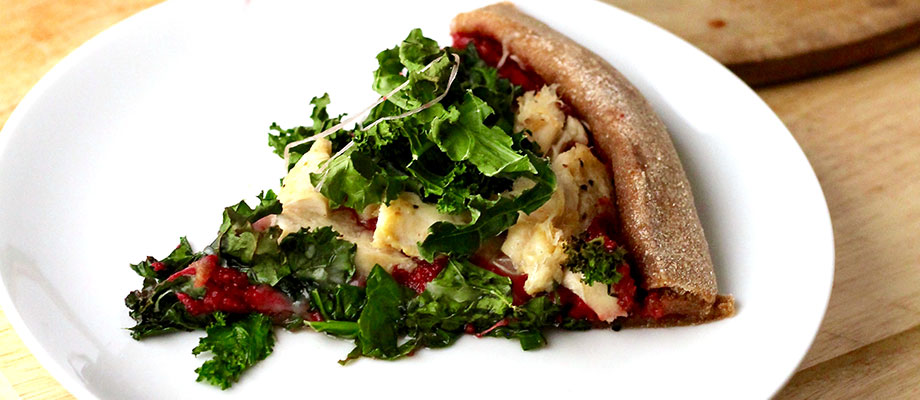 Image for Roasted Kale Chicken Pizza with Cheesy Walnut Beet Sauce