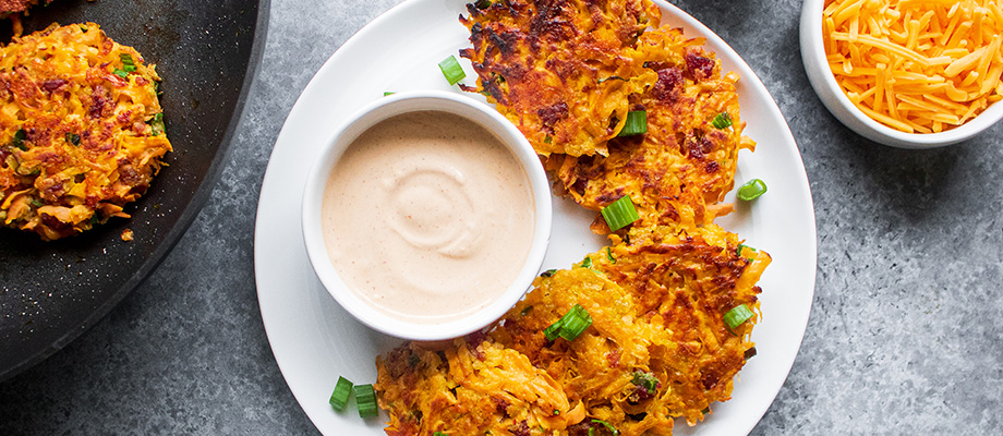 Image for Cheesy Sweet Potato Fritters with Chinese Sausage