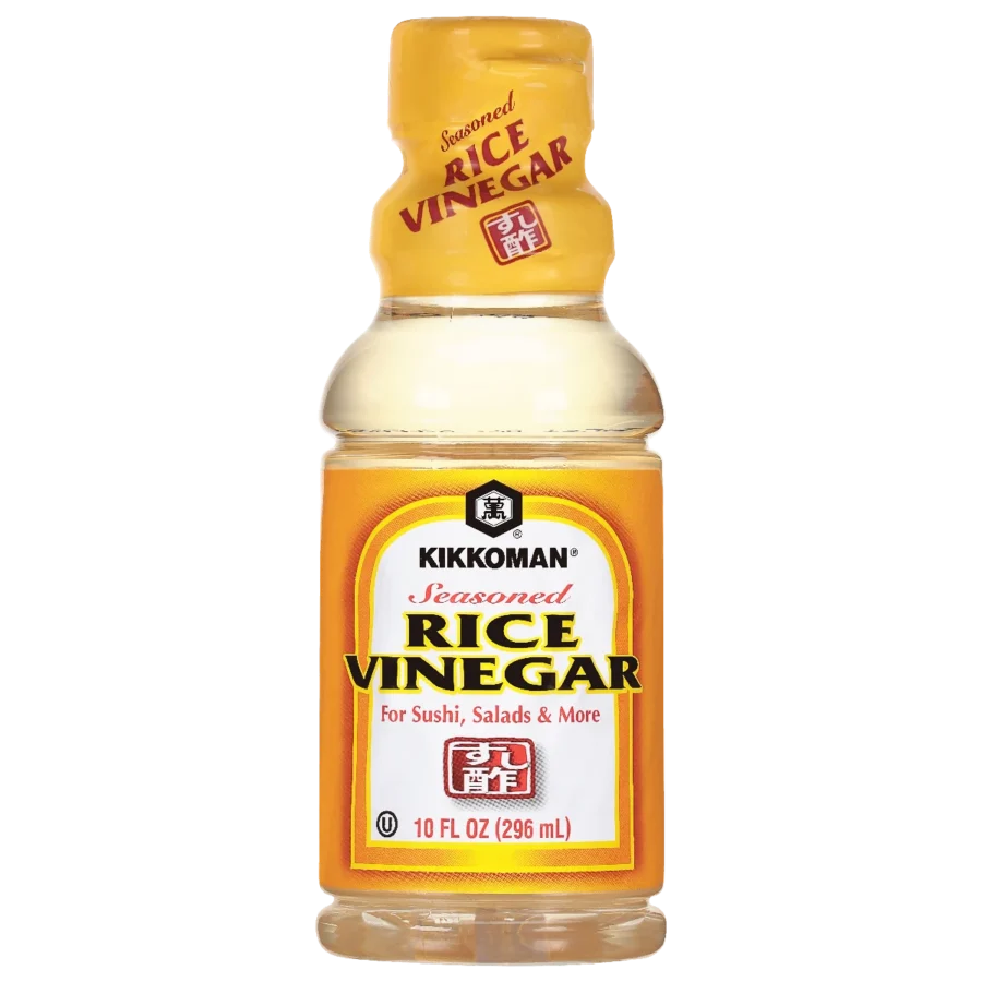 A 10 fl oz (296 mL) bottle of Kikkoman Seasoned Rice Vinegar with a yellow label, suitable for sushi, salads, and more.