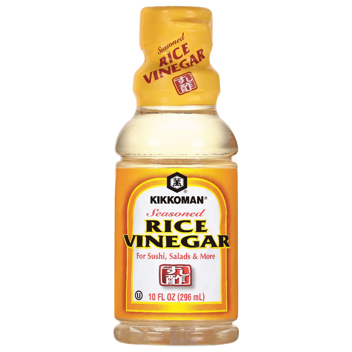 A 10 fl oz (296 mL) bottle of Kikkoman Seasoned Rice Vinegar with a yellow label, suitable for sushi, salads, and more.