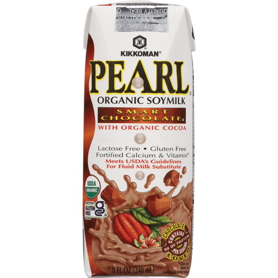 Kikkoman Pearl Organic Soymilk Smart Chocolate carton, 8 fl oz, labeled lactose-free, gluten-free, USDA organic, with chocolate splash and cocoa pods on front.