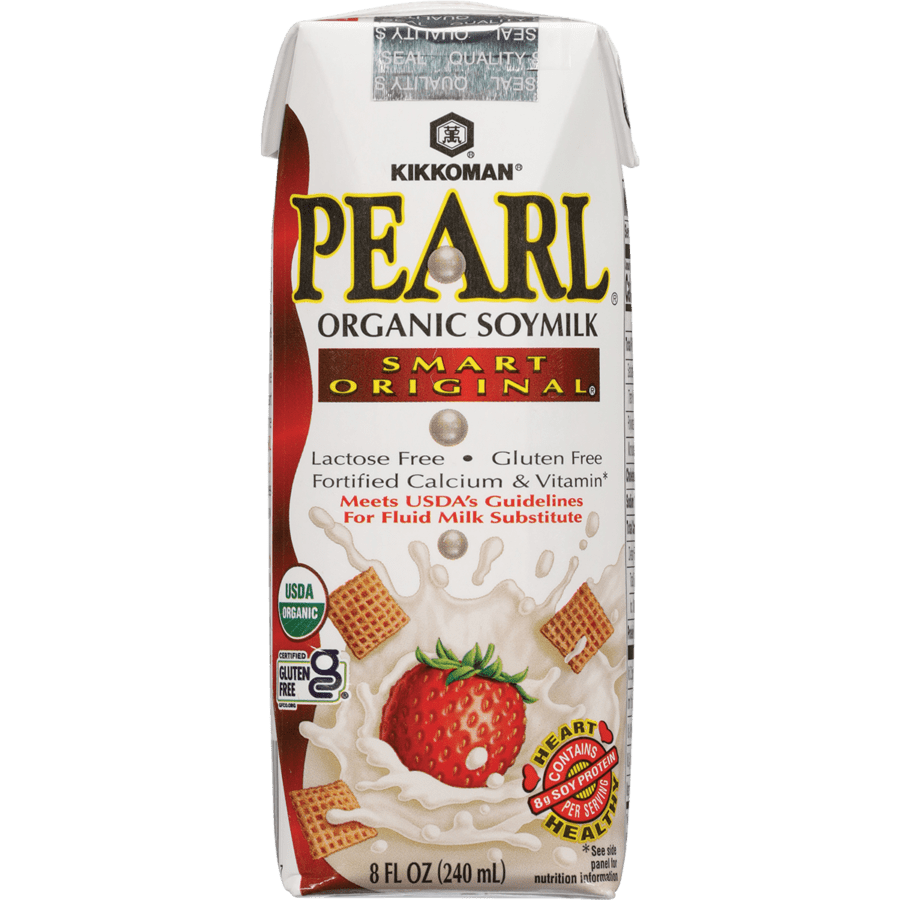 A carton of Kikkoman Pearl Organic Soymilk Smart Original, 8 fl oz, featuring cereal and a strawberry in milk on the front. Labels indicate it is lactose-free, gluten-free, and USDA organic.