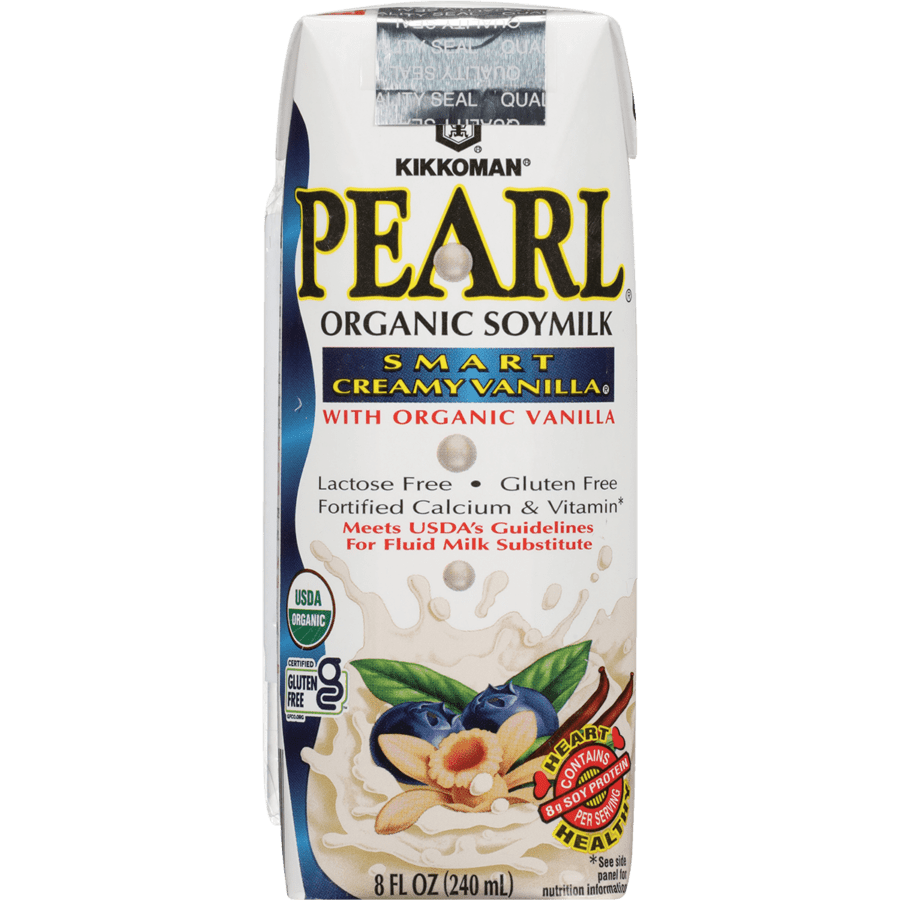 Front view of a Kikkoman Pearl Organic Soymilk carton, vanilla flavor, highlighting it is lactose free, gluten free, and fortified with calcium and vitamins.
