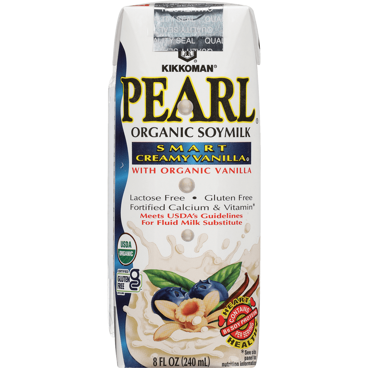 Front view of a Kikkoman Pearl Organic Soymilk carton, vanilla flavor, highlighting it is lactose free, gluten free, and fortified with calcium and vitamins.