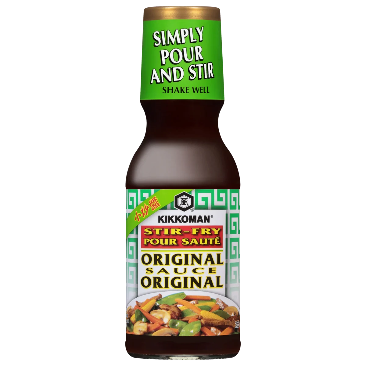 A bottle of Kikkoman Stir-Fry Original Sauce, featuring instructions to "Simply pour and stir" on the label, with an image of stir-fried vegetables.